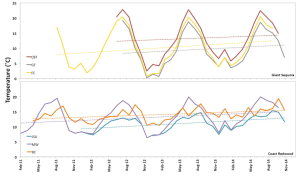 Figure 3. Since 2011, forest air temperature has warmed. This graph shows the average monthly temperature at the redwood treetop in coast redwood and giant sequoia forests. The top graph is from the giant sequoia forests at Calaveras Big Trees (CBT), Giant Forest (GF) and Freeman Creek (FC). The bottom graph is from coast redwood forests at Jedediah Smith Redwoods State Park (JSU), Montgomergy Woods State Natural Reserve (MW) and Landels-Hill Big Creek Reserve (BC).